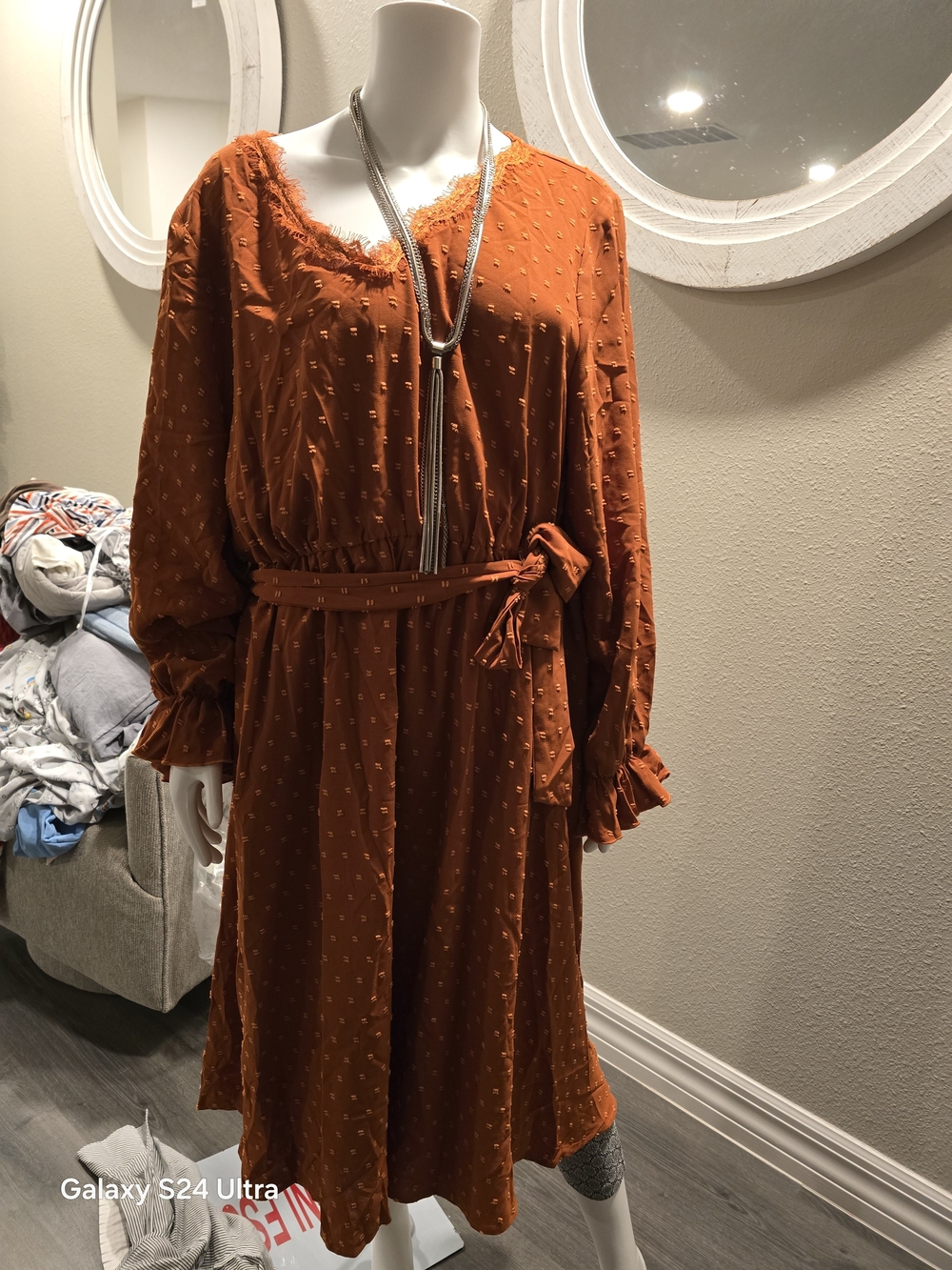 Rust Orange Textured Long Sleeve Dress with Tie Waist